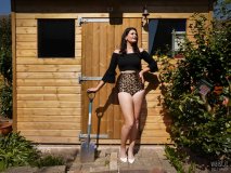 2017-04-09 Imogen black top and animal print control briefs worn as hotpants, geting ready to do a spot of gardening