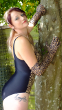 Heidi 2014-09-07 retro fitness shoot, modelling vintage animal-print  tummy-control swimsuit, relaxing in the garden between sets