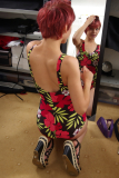 Momo - first retro fitness shoot 2014-08-24, Candid shot as Momo models tight, vintage-style, Chinese tummy control one-piece swimsuit, whilst doing her hair