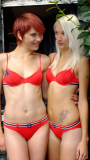 Katy + Momo catching a little sun  in red belted bikinis,  during their first retro fitness shoot 2014-08-24