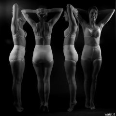 Josie Lauren in vintage white bra and firm "Little X" pantie girdle, strobe experiment
