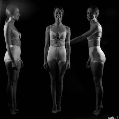 Josie Lauren in vintage white bra and firm "Little X" pantie girdle, strobe experiment