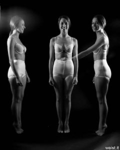 Josie Lauren in vintage white bra and firm "Little X" pantie girdle, strobe experiment