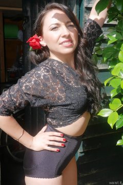 2015-06-27 Marta black bra and girdle with lace top, showing off her elegant posture and tucked-in tummy