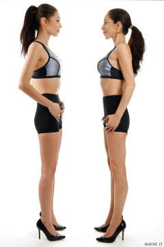 2015-11-21 Heydi and Shannon in silver support sports tops and shiny black girdles worn as hotpants - deportment exercises