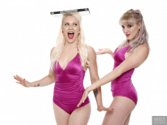 2017-06-10 Dayna Nirvana and Emma Lou doing deportment exercises in purple vintage-style tummy control swimsuits