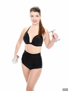 2017-10-15 Chloe Michelle black rouched vintage-style high-waist polkadot bikini.