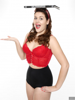 2018-12-15 Darcy Bennet in red longline bra and black Style-210 pantie girdle worn as hotpants