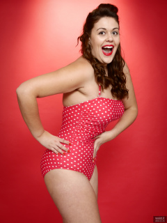 2018-12-15 Darcy Bennet in her own red and white polka-dot one-piece swimsuit