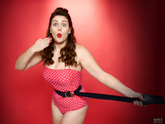 2018-12-15 Darcy Bennet in her own red and white polka-dot one-piece swimsuit