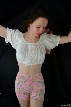 Chiara in white crop top and flowery 1960\'s medium-leg M&S pantie girdle