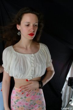 Chiara in white crop top and flowery 1960\'s medium-leg M&S pantie girdle, worn as hot pants