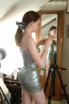 Chiara models silver gaffer tape dress