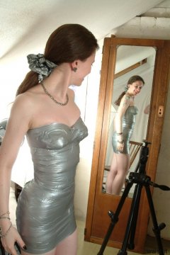 Chiara models silver gaffer tape dress