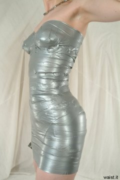 Chiara models silver gaffer tape dress