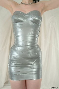 Chiara models silver gaffer tape dress
