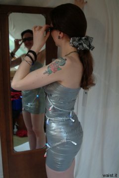 Chiara models silver gaffer tape dress
