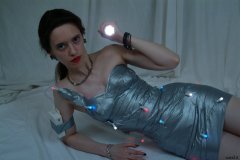 Chiara models silver gaffer tape dress
