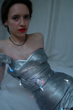 Chiara models silver gaffer tape dress