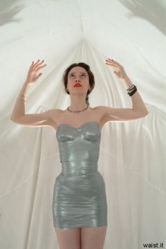 Chiara models silver gaffer tape dress