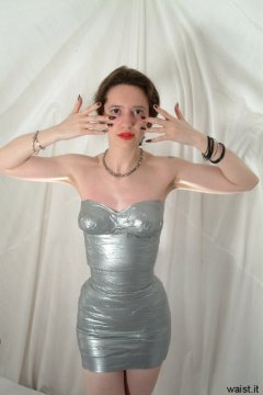Chiara models silver gaffer tape dress