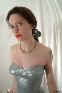 Chiara models silver gaffer tape dress