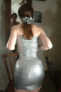 Chiara models silver gaffer tape dress