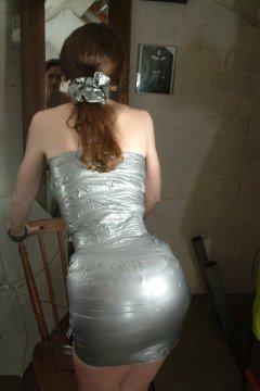 Chiara models silver gaffer tape dress
