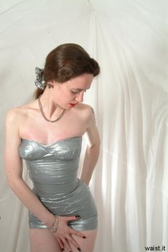 Chiara models silver gaffer tape dress