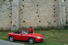 Chiara wears her Dim Up's as hot pants, in the New Forest, with red Mazda MX5