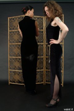 Moonlit Jane and Chiara in long black evening dresses