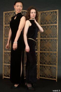 Moonlit Jane and Chiara in long black evening dresses