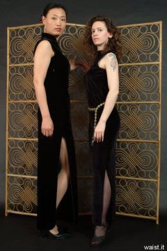 Moonlit Jane and Chiara in long black evening dresses