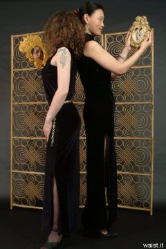 Chiara and Moonlit Jane in long black evening dresses