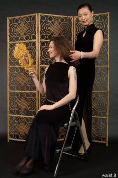 Chiara and Moonlit Jane in long black evening dresses