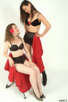 Chiara in black bra M&S brief pantie girdle and Moonlit Jane in black bra and tummy-control Skort.