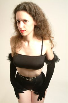 Chiara black lycra top and bottoms and belt tied tightly at the waist