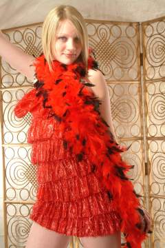 Carlie in red tinsel dress