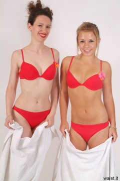 Chiara and Sara in red bikinis