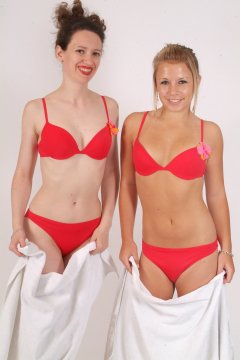 Chiara and Sara in red bikinis