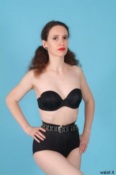 Chiara, black bra, firm control pantie girdle and very tight belt