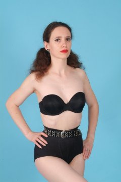 Chiara, black bra, firm control pantie girdle and very tight belt