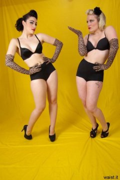 Tanya and Fiona modelling retro-style black bras and pantie girdles