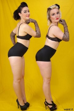 Tanya and Fiona modelling retro-style black bras and pantie girdles