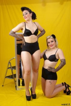 Tanya and Fiona in retro-style black bras and pantie girdles