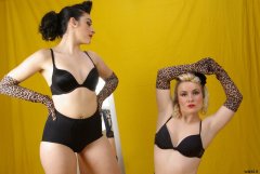 Tanya and Fiona in retro-style black bras and pantie girdles