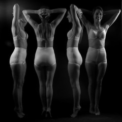 Josie Lauren in vintage white bra and firm "Little X" pantie girdle, strobe experiment