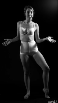 Josie Lauren in vintage white bra and firm "Little X" pantie girdle, strobe experiment