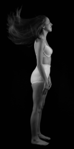 Josie Lauren in vintage white bra and firm "Little X" pantie girdle, strobe experiment