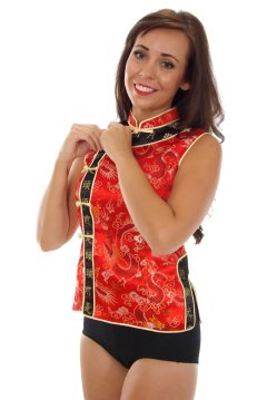 Kerri, cheongsam top and tight chinese control briefs worn as hotpants